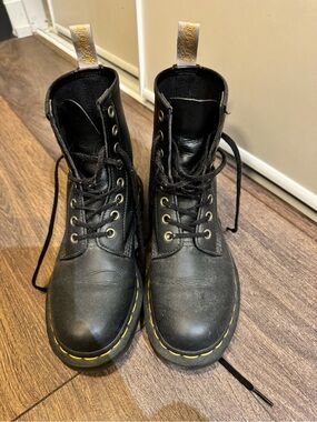 Dr. Martens Black Leather Lace-Up Boots with Yellow Welt Stitching